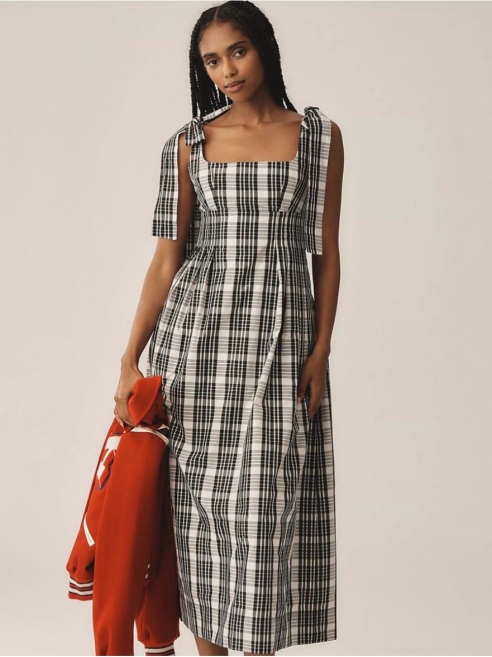 NWT Anthropologie Maeve Square Neck Tie Strap Black & White Midi Dress size XS